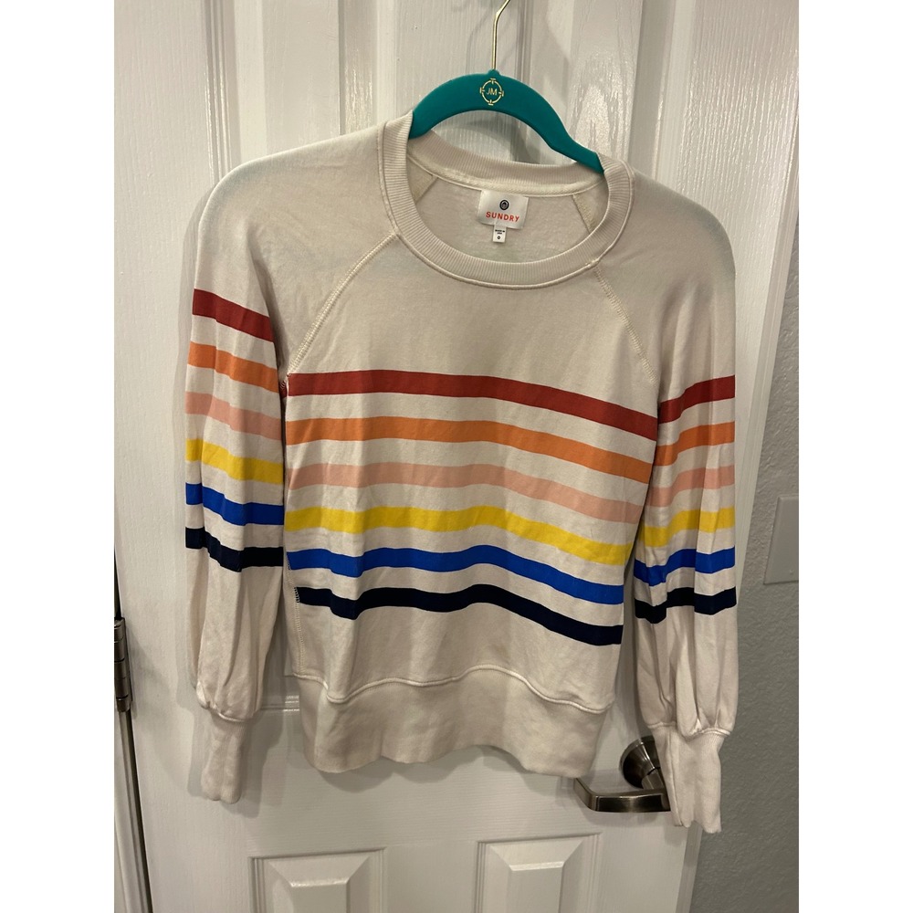 SUNDRY Sweatshirt White Rainbow Stripe Raglan Sleeve Modal Blend Pullover Top